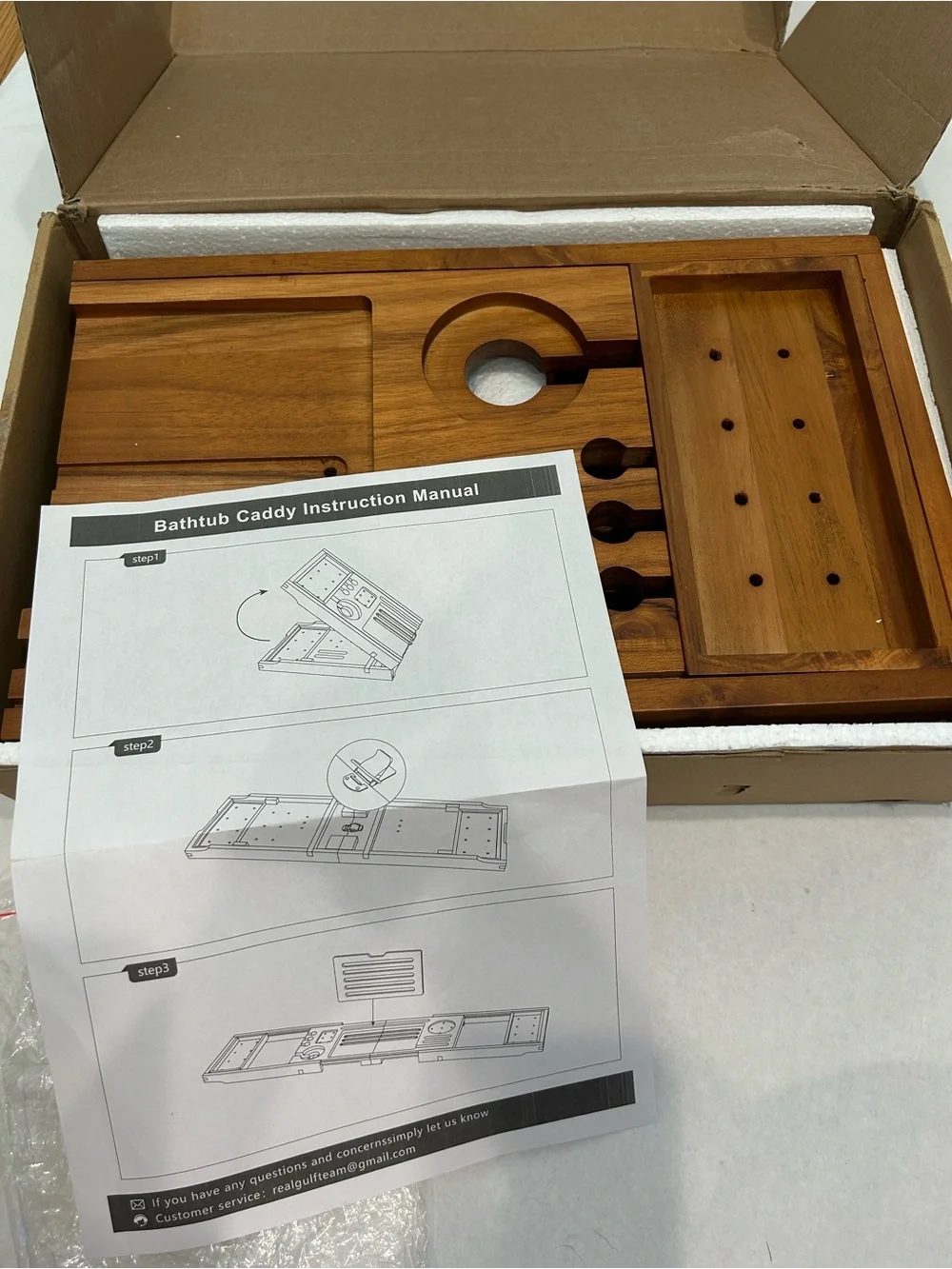 Real Gulf Expandable foldable Bamboo Bathtub Tray Caddy Walnut Finish new in box